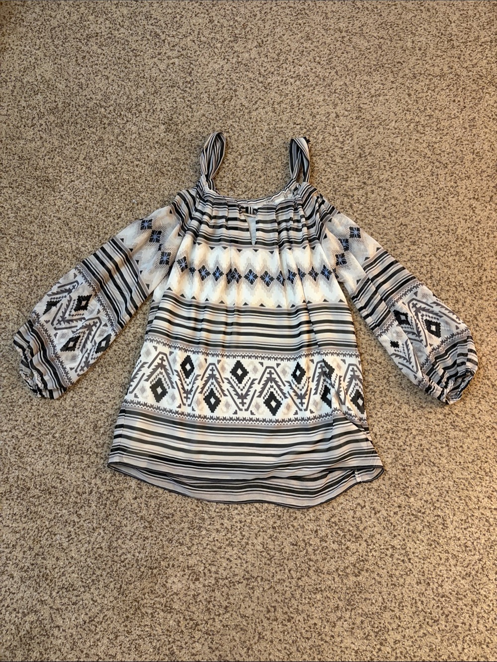 Chelsea & Violet Cream, Black & Tan Patterned Cold-Shoulder Blouse